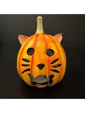 Ceramic Cat Pumpkin Candle Holder By Nantucket - Halloween Decoration